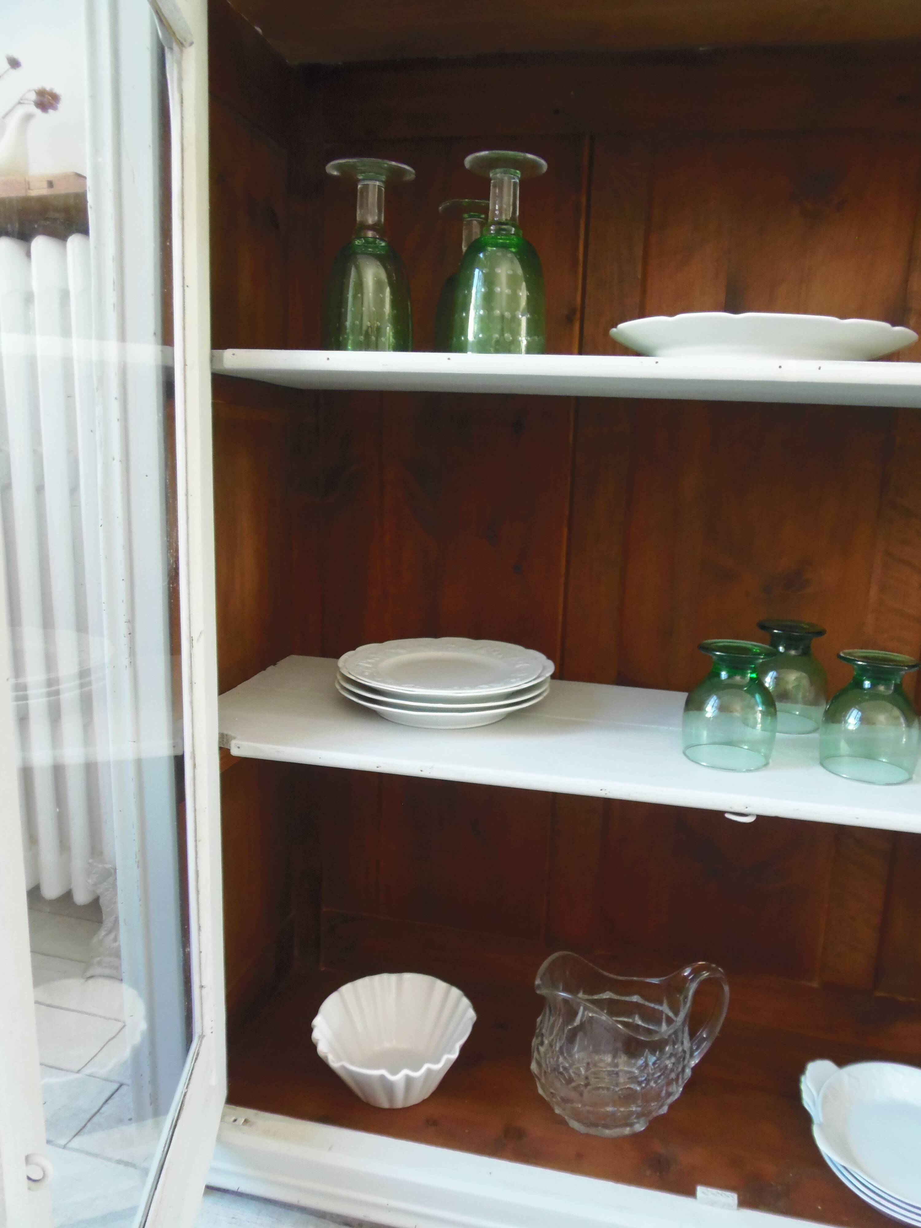 Display case, old shallow sideboard re-enchanted in cloud gray.