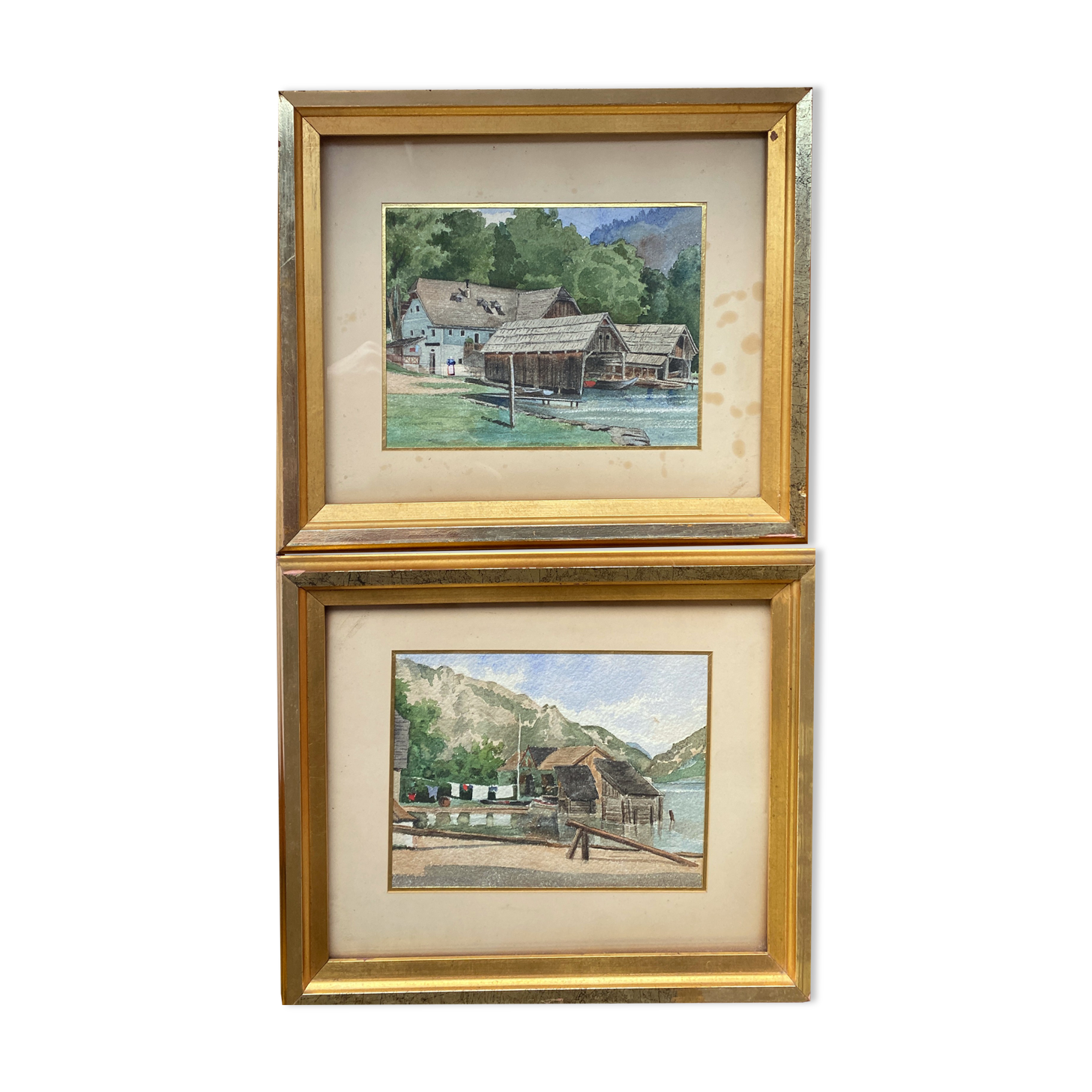 Watercolor paintings Austria Furberg and Unterach and frame circa 1950
