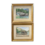 Paire d'aquarelles, Autriche Furberg et Unterach avec cadre vers 1950