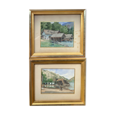 Watercolor paintings Austria Furberg and Unterach and frame circa 1950