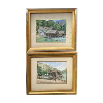 Watercolor paintings Austria Furberg and Unterach and frame circa 1950