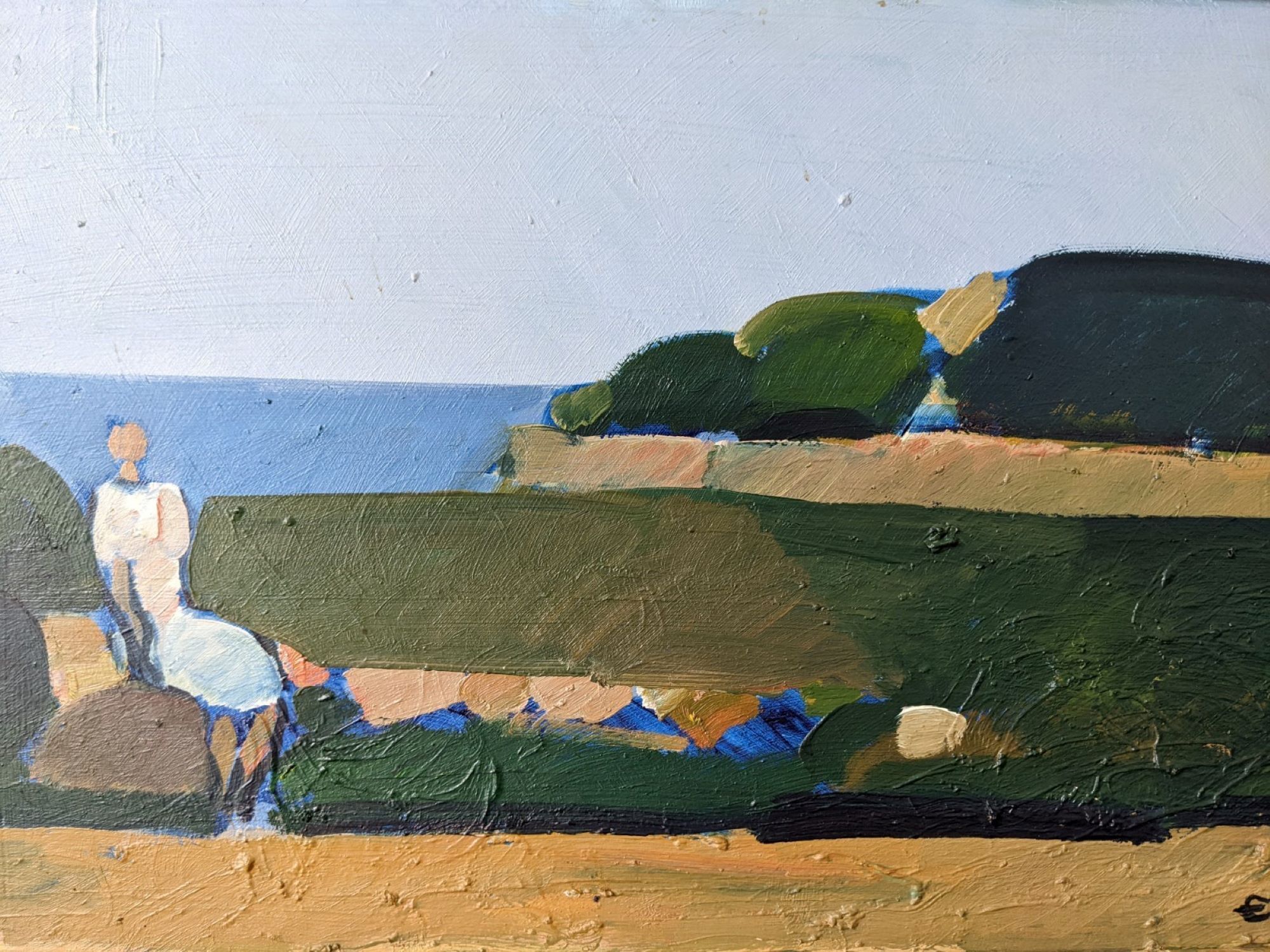 Mid-Century Modern Swedish Oil Painting "Coastal Musing" Framed Landscape