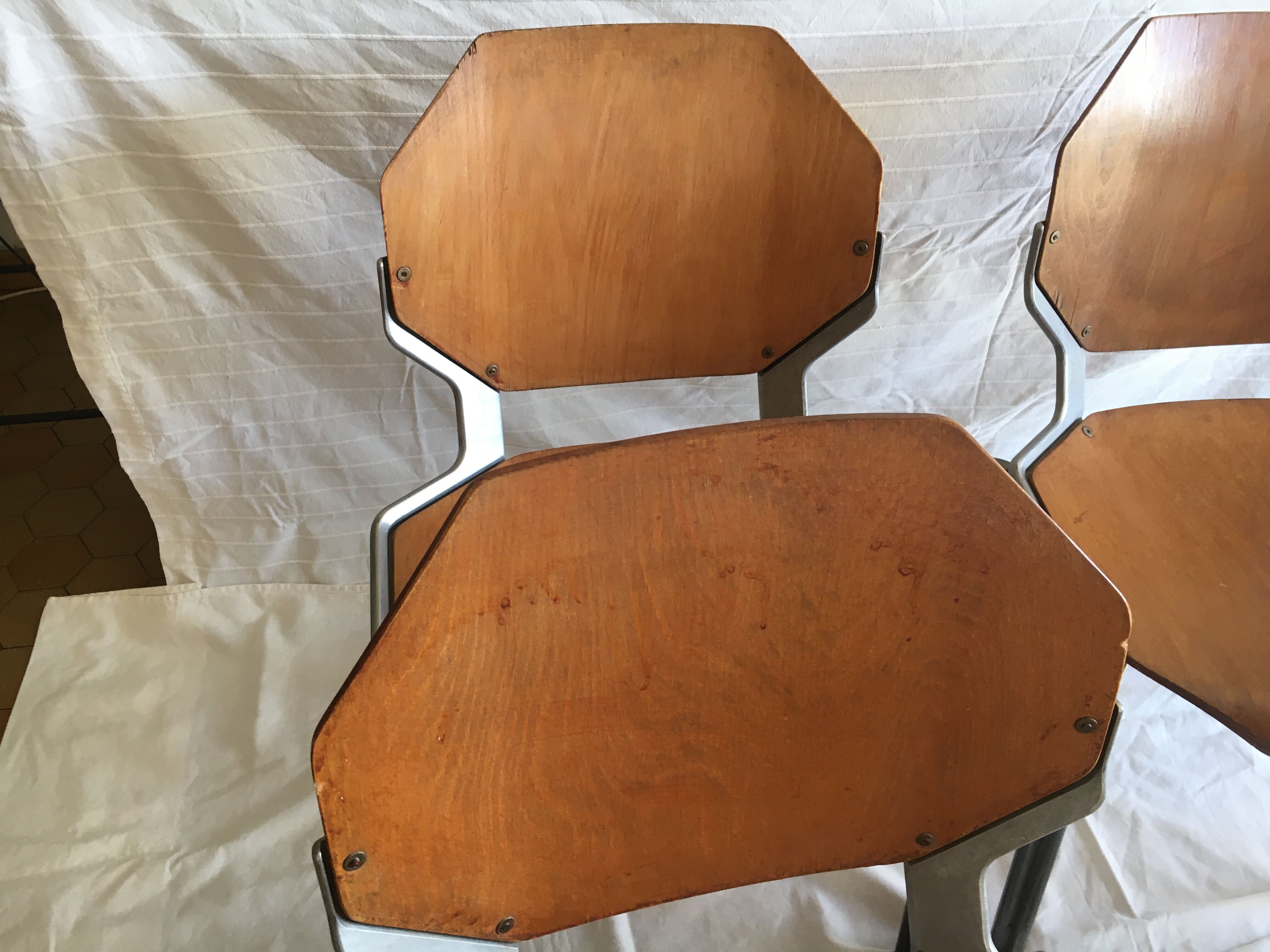 industrial chairs in brushed aluminum and wood year 80