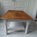 Coffee table with pearl gray patinated base, belt and shelf, wooden top.