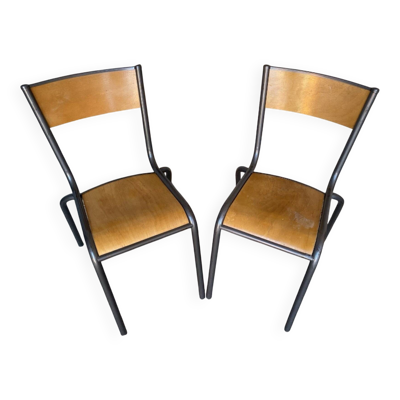 Paire chaise ancienne style mullca modèle 510 metal gris + bois vintag