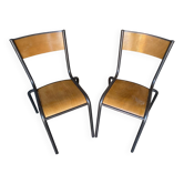 Paire Chaise Ancienne Style MULLCA Modèle 510 Metal Gris + Bois Vintag