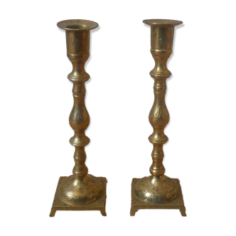 Pair of old brass candlesticks gold metal candelabra candlesticks Scandinavian country decoration