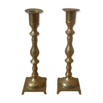 Pair of old brass candlesticks gold metal candelabra candlesticks Scandinavian country decoration