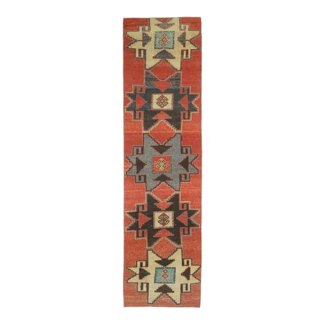 Vintage Turkish Hand-Knotted Wool Cotton Red Runner Rug 81x340