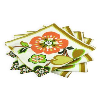 4 cotton napkins - orange and green floral pattern - vintage 70s