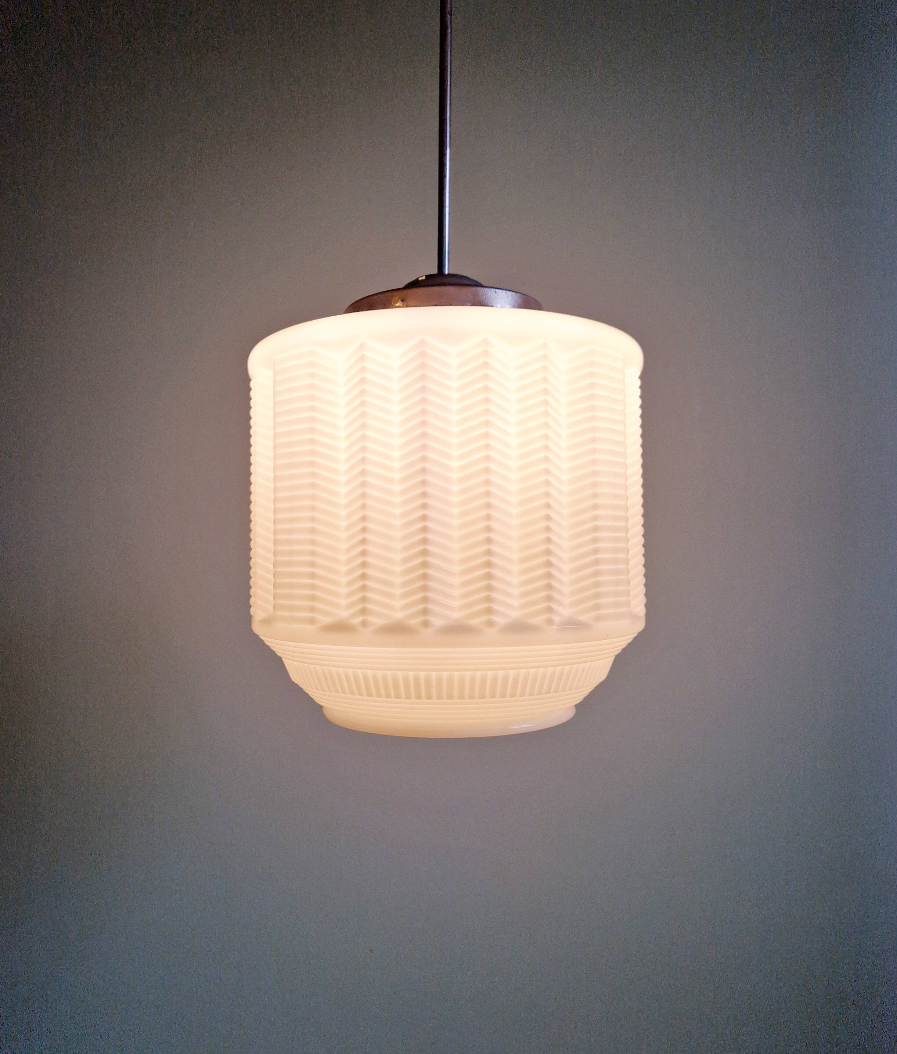 Large Art Deco pendant light in white opaline, 1920s-30s