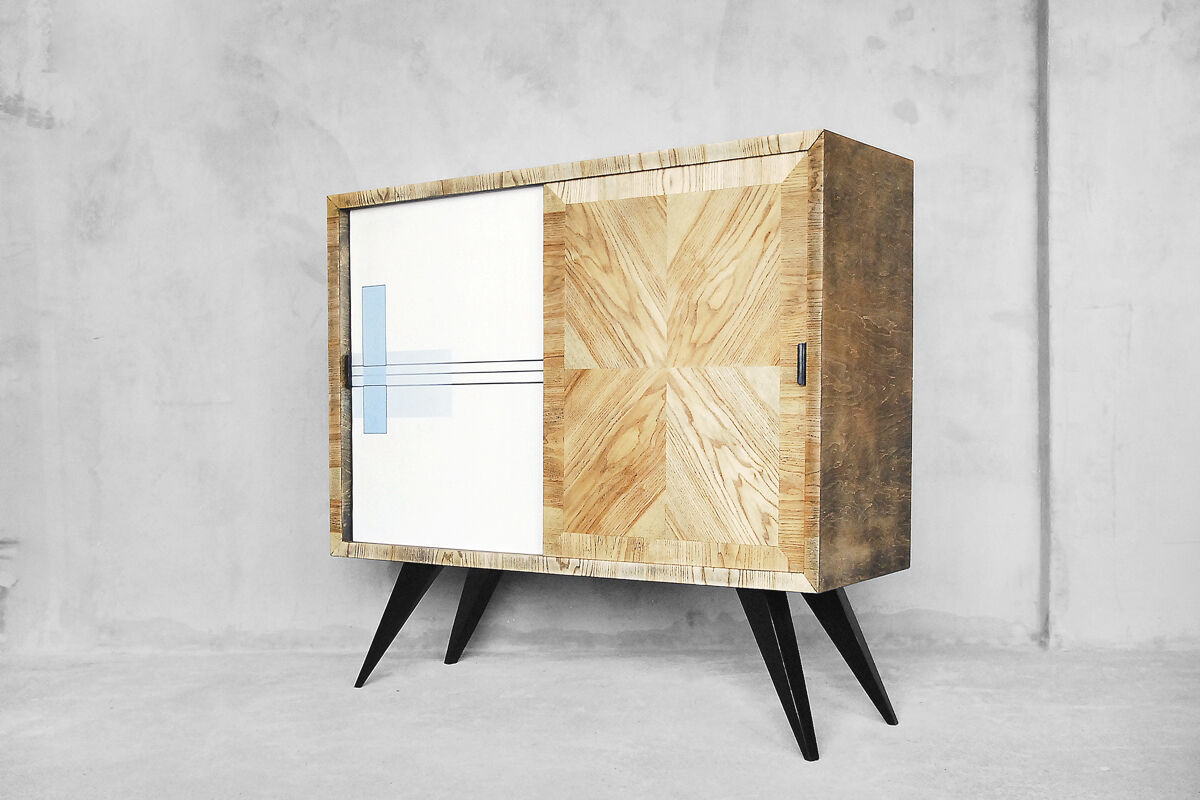 Mid-century Tall Vintage Ash Cabinet with Hand-painted Pattern, 1960s
