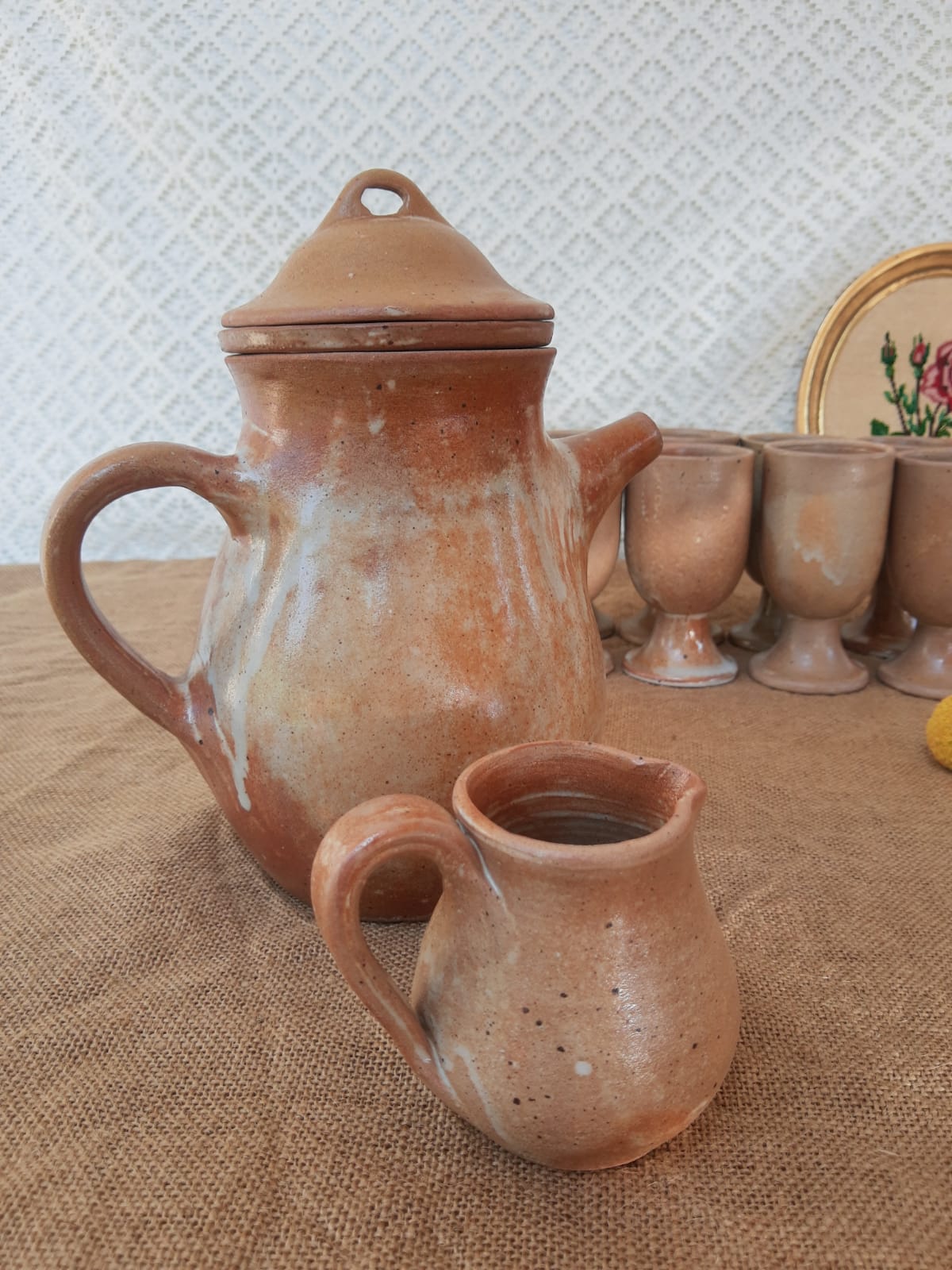 Vintage stoneware 8 mazagrans teapot and milk jug set