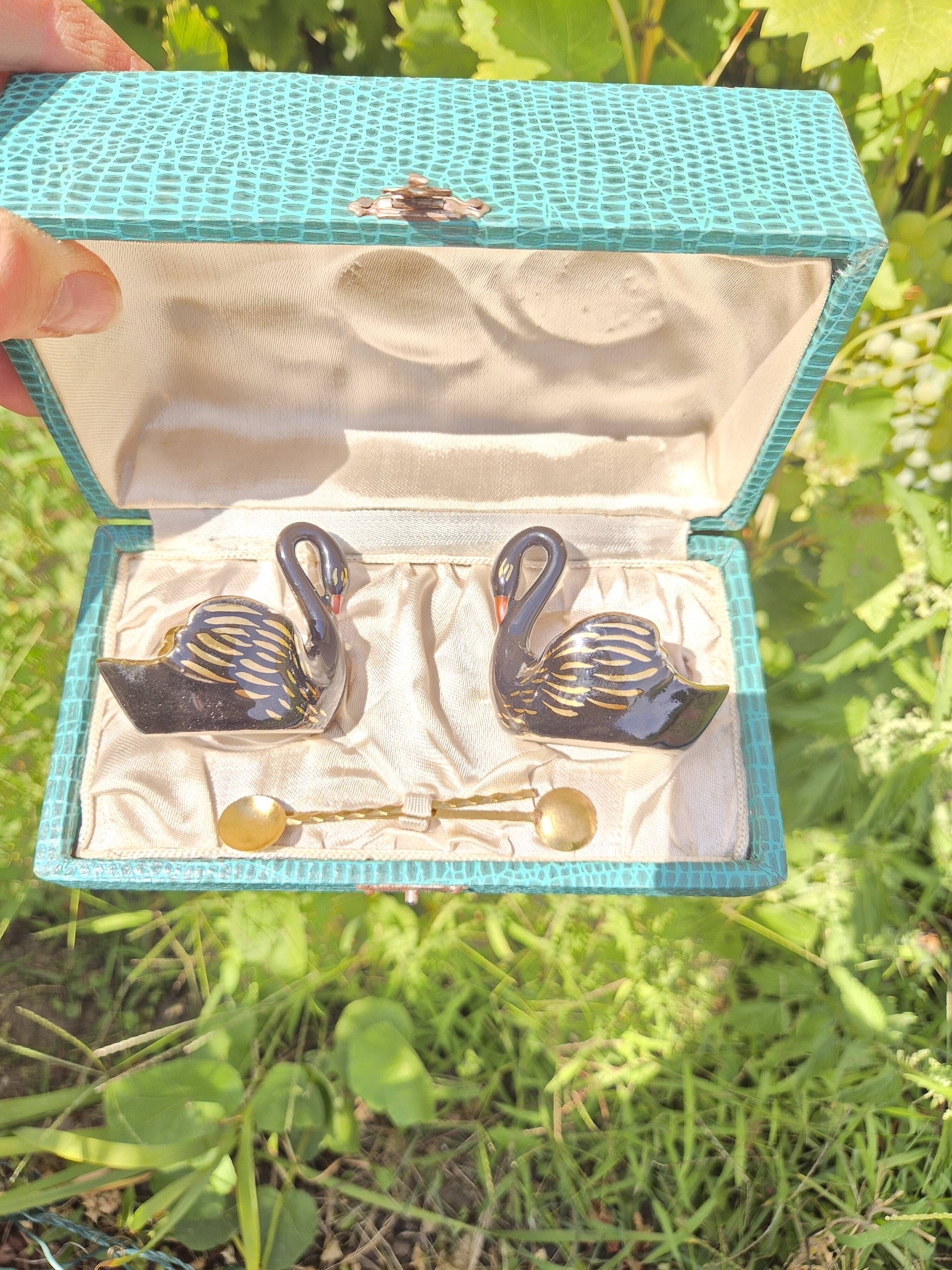Hand-painted Porcelain Black Swan Salt Cellars Set in original box