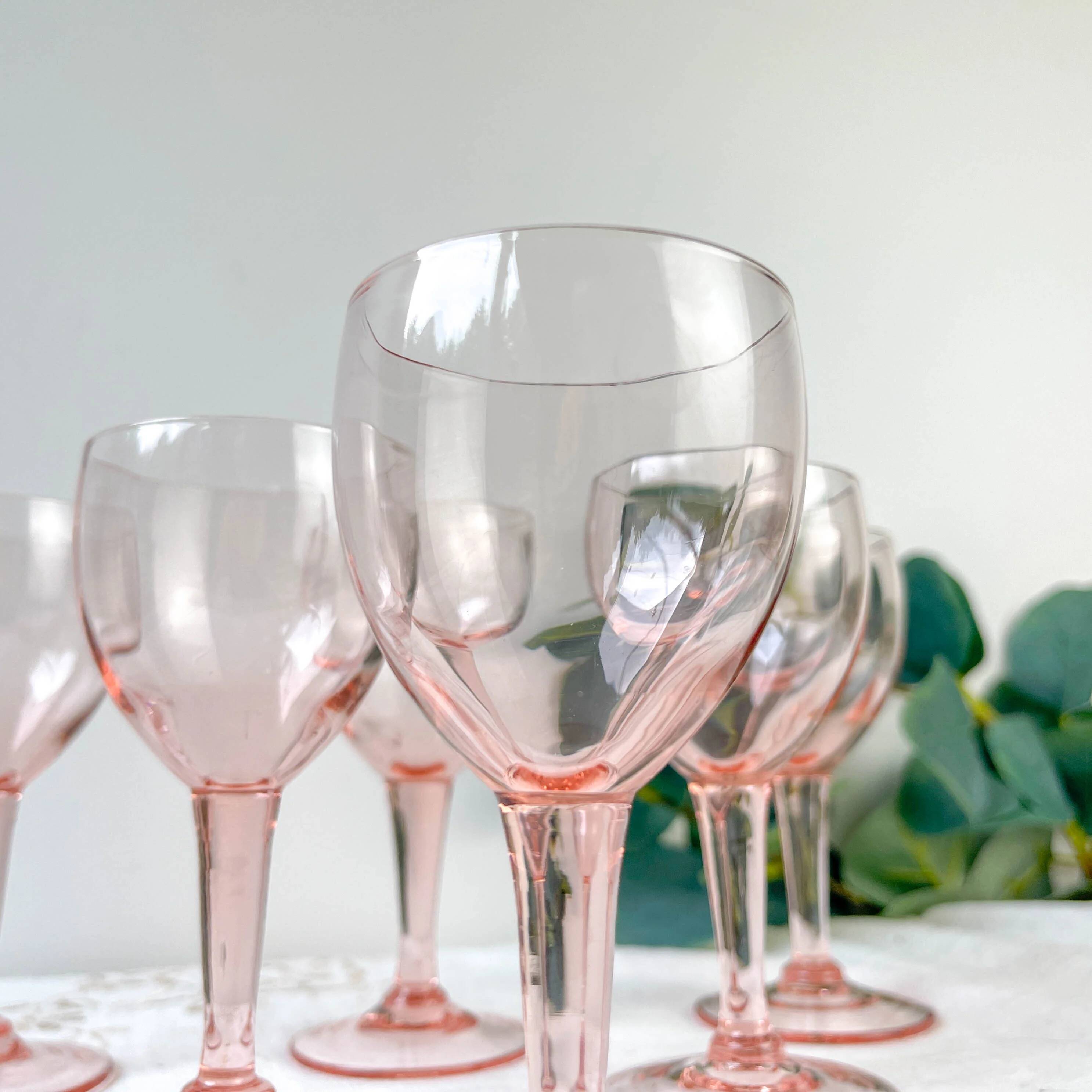 5 vintage faceted pink red wine glasses – 1950s – French elegance