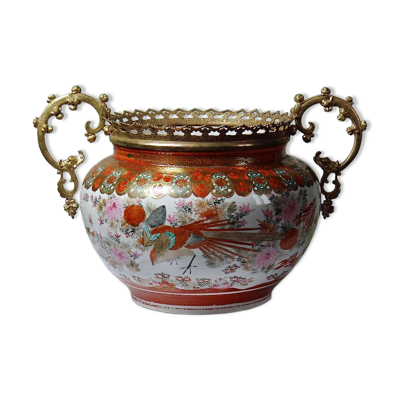 Cache-pot japonais en porcelaine Kutani et bronze, époque Meiji XIX-XXe