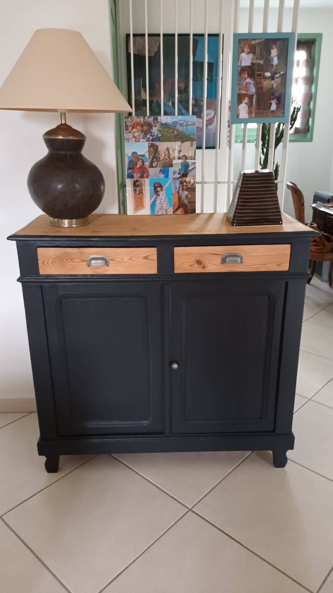 Mado wooden buffet, green and black tray, vintage.