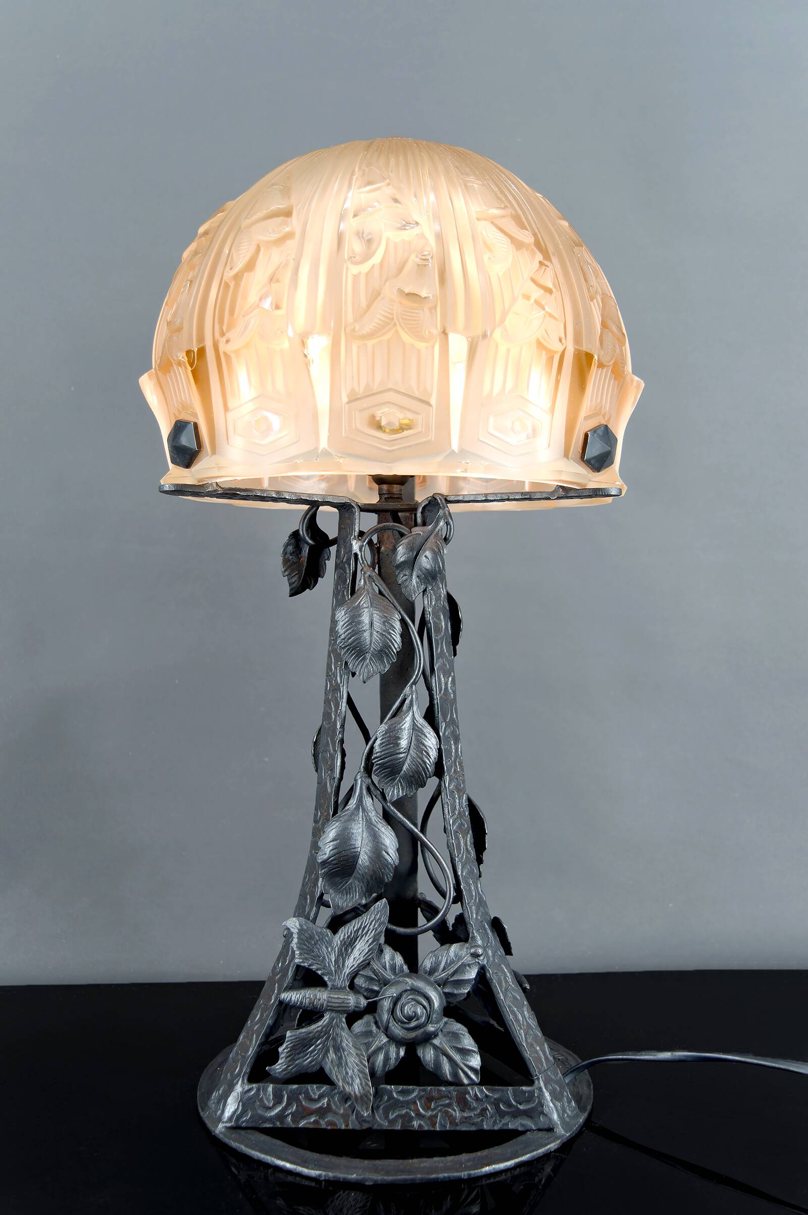 Important Art Deco Wrought Iron Lamp, by Bartelemie, France, Circa 1925