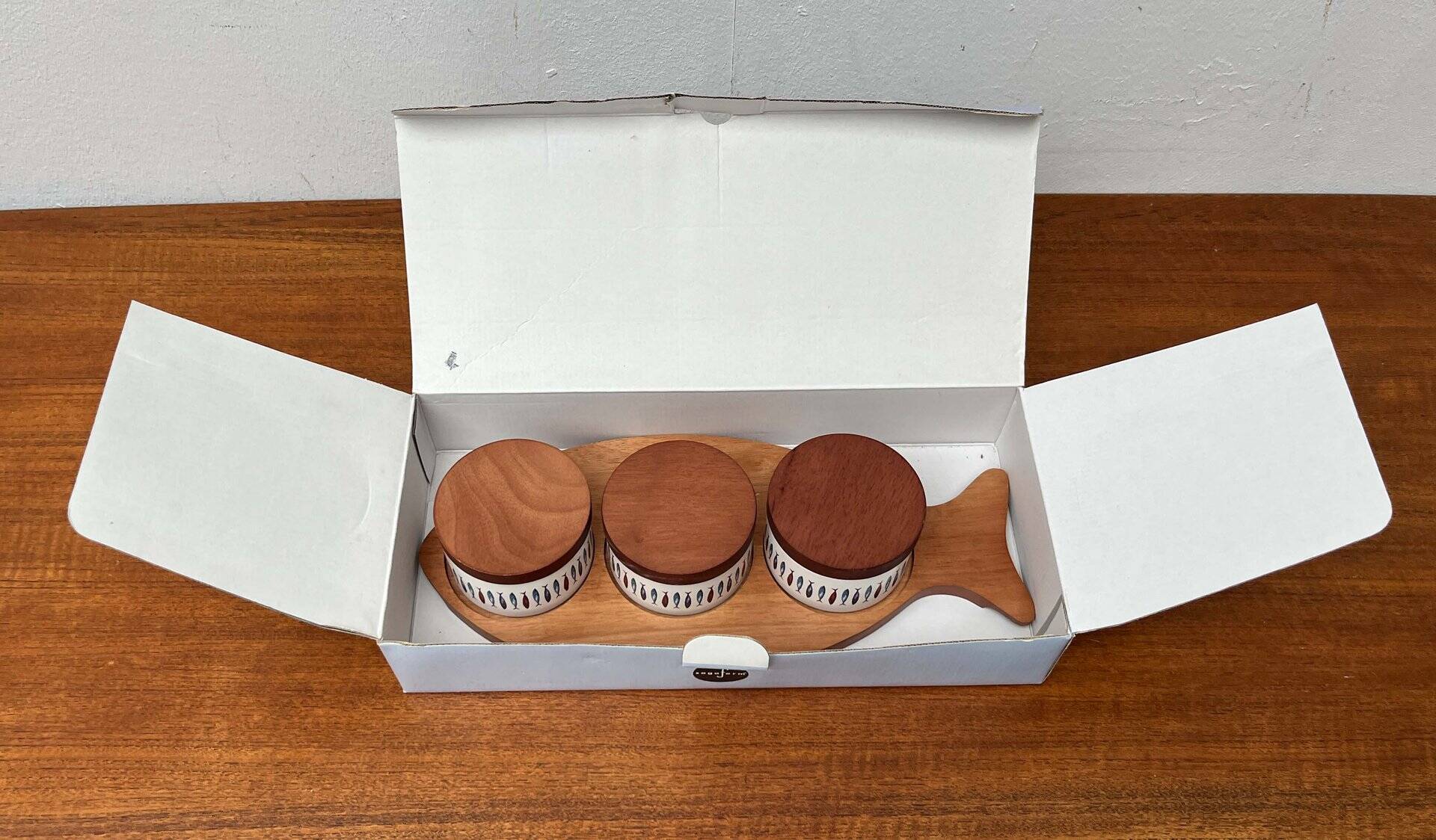 Sets of Swedish herring pots in ceramic and teak by Asa Lindberg for Sagaform, 2000s, set of 4.