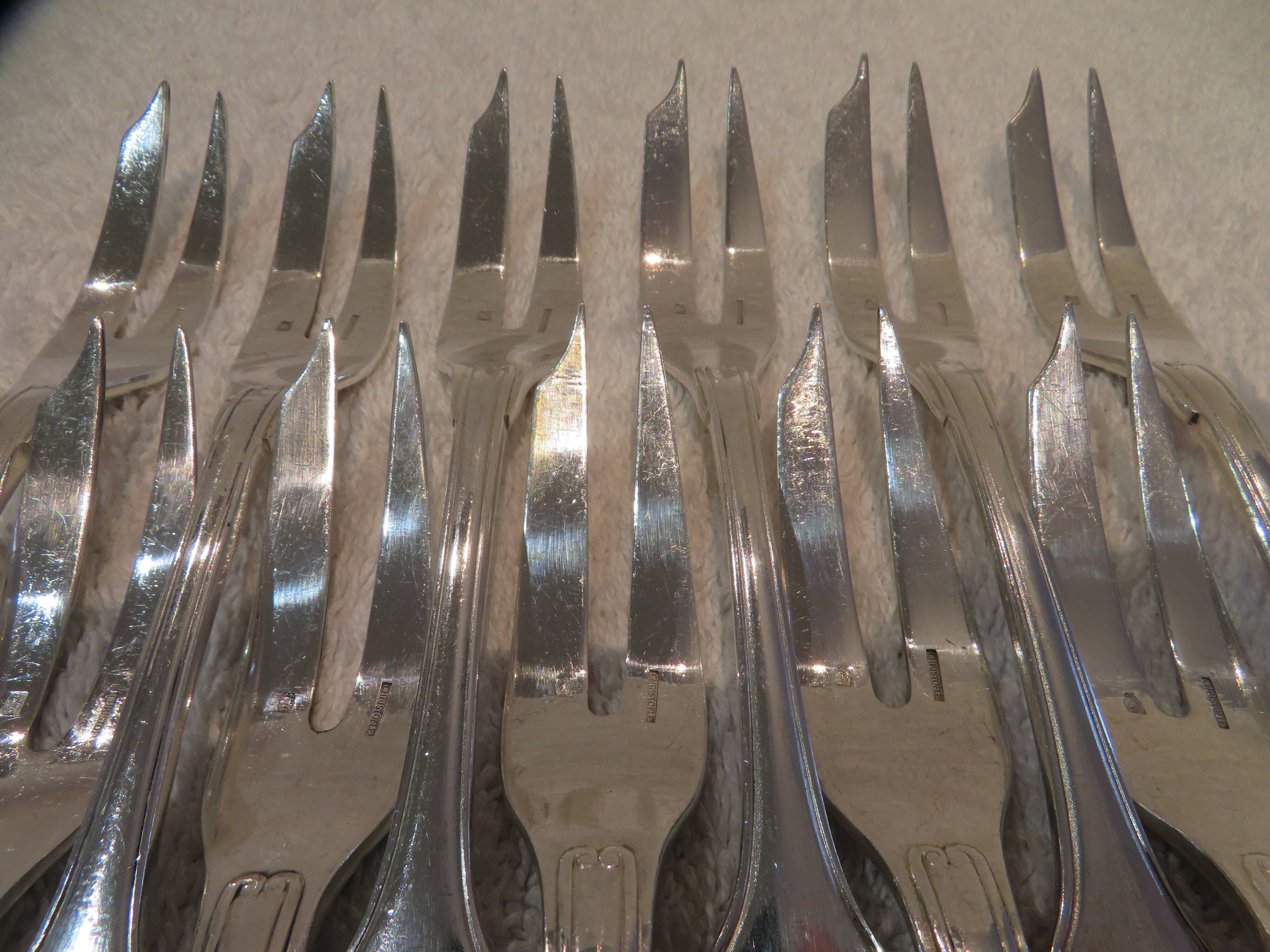 12 silver plated cake forks, Christofle Vendome, 2 prongs
