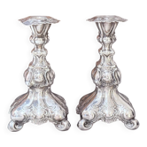 Paire antique de bougeoirs en argent style rococo, candélabres des années 1900, décoration intérieure.