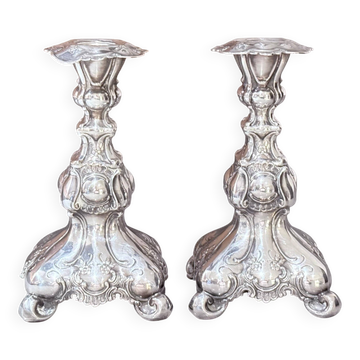 Paire antique de bougeoirs en argent style rococo, candélabres des années 1900, décoration intérieure.