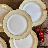 Set of 6 vintage white dinner plates with yellow and gold trim.