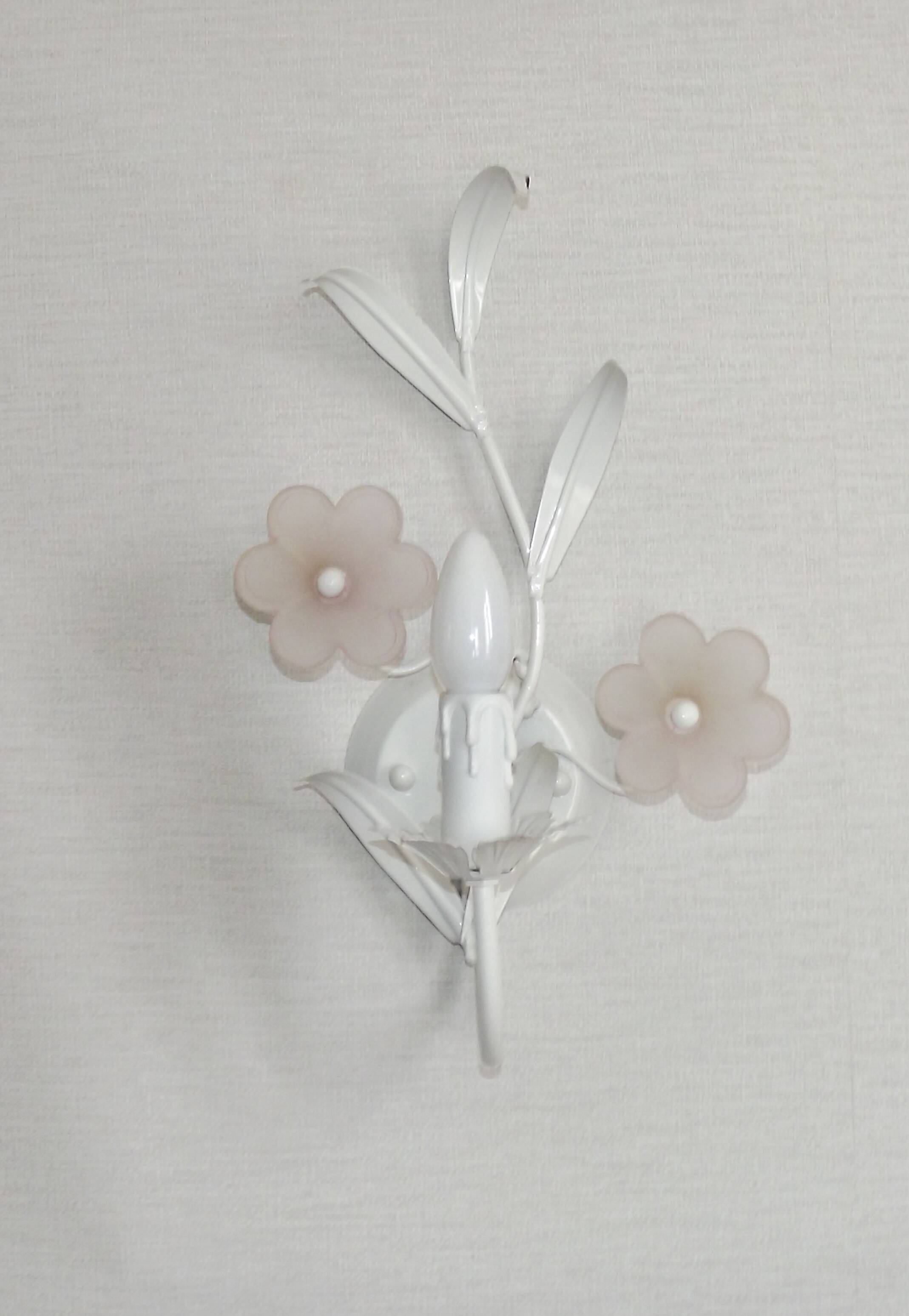 French vintage white metal double wall light with pink glass flowers 5438.