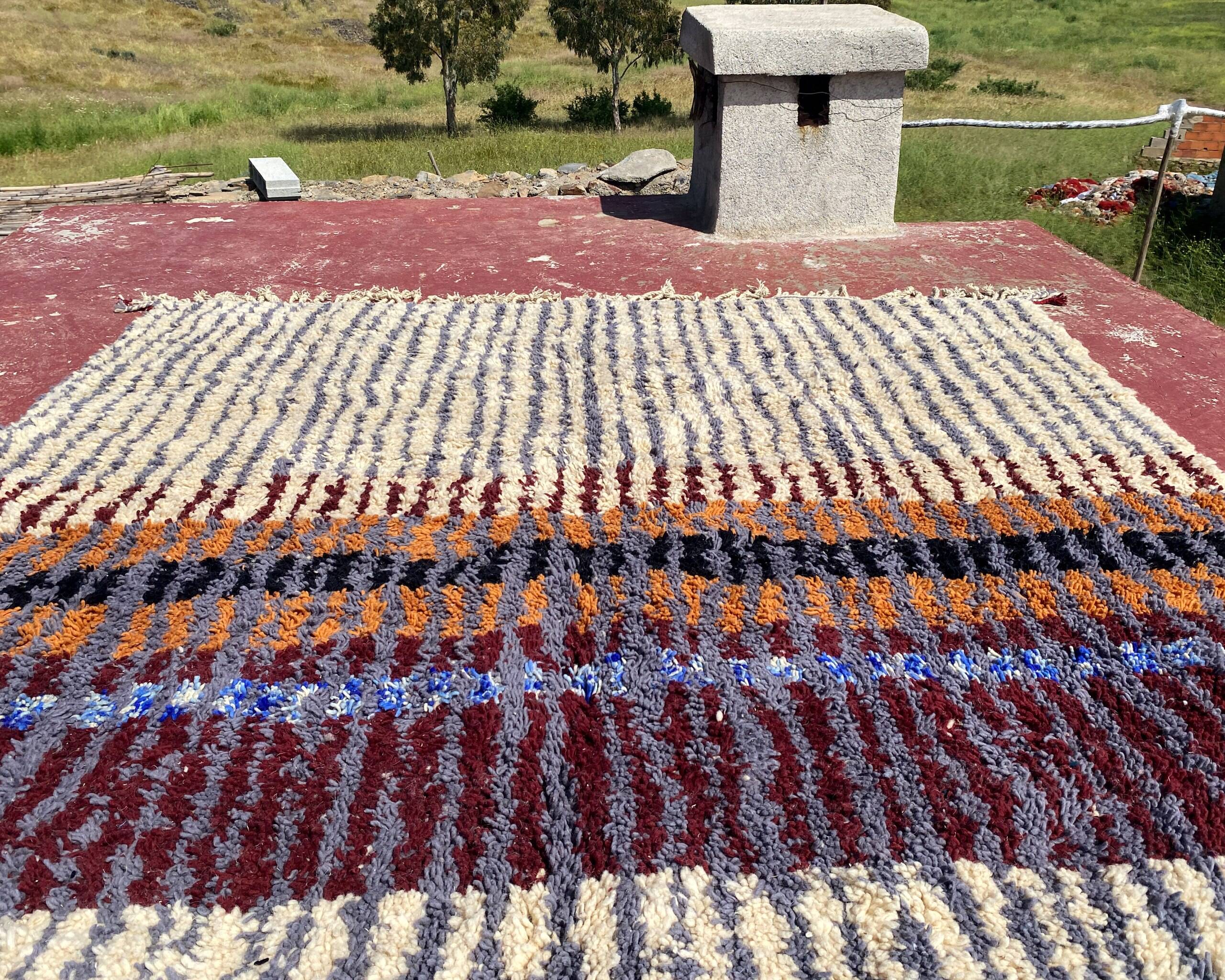 Vintage Moroccan Berber rug with multicoloured stripes – 332 x 244 cm