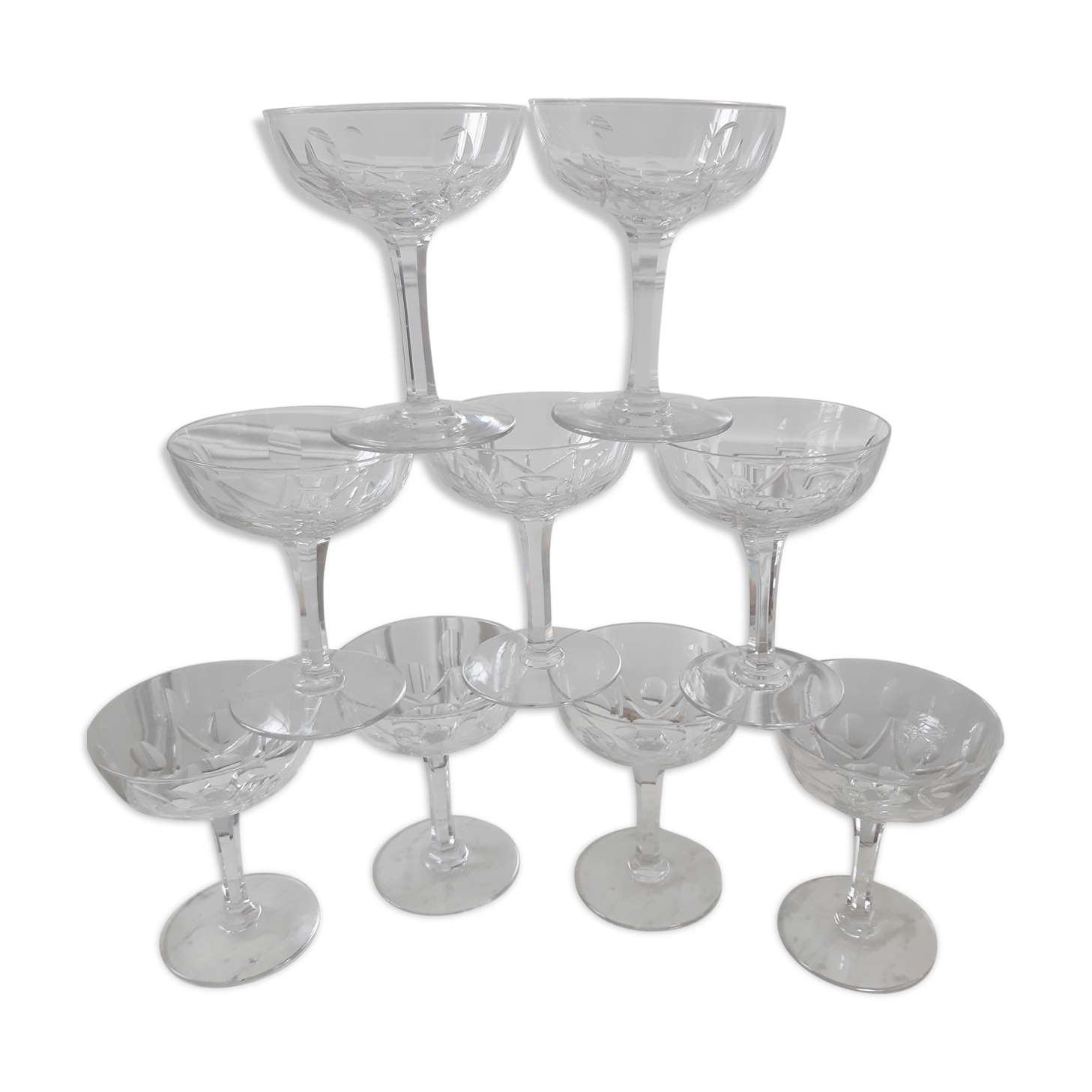 Lot de 9 coupes à champagne en cristal années 30-40