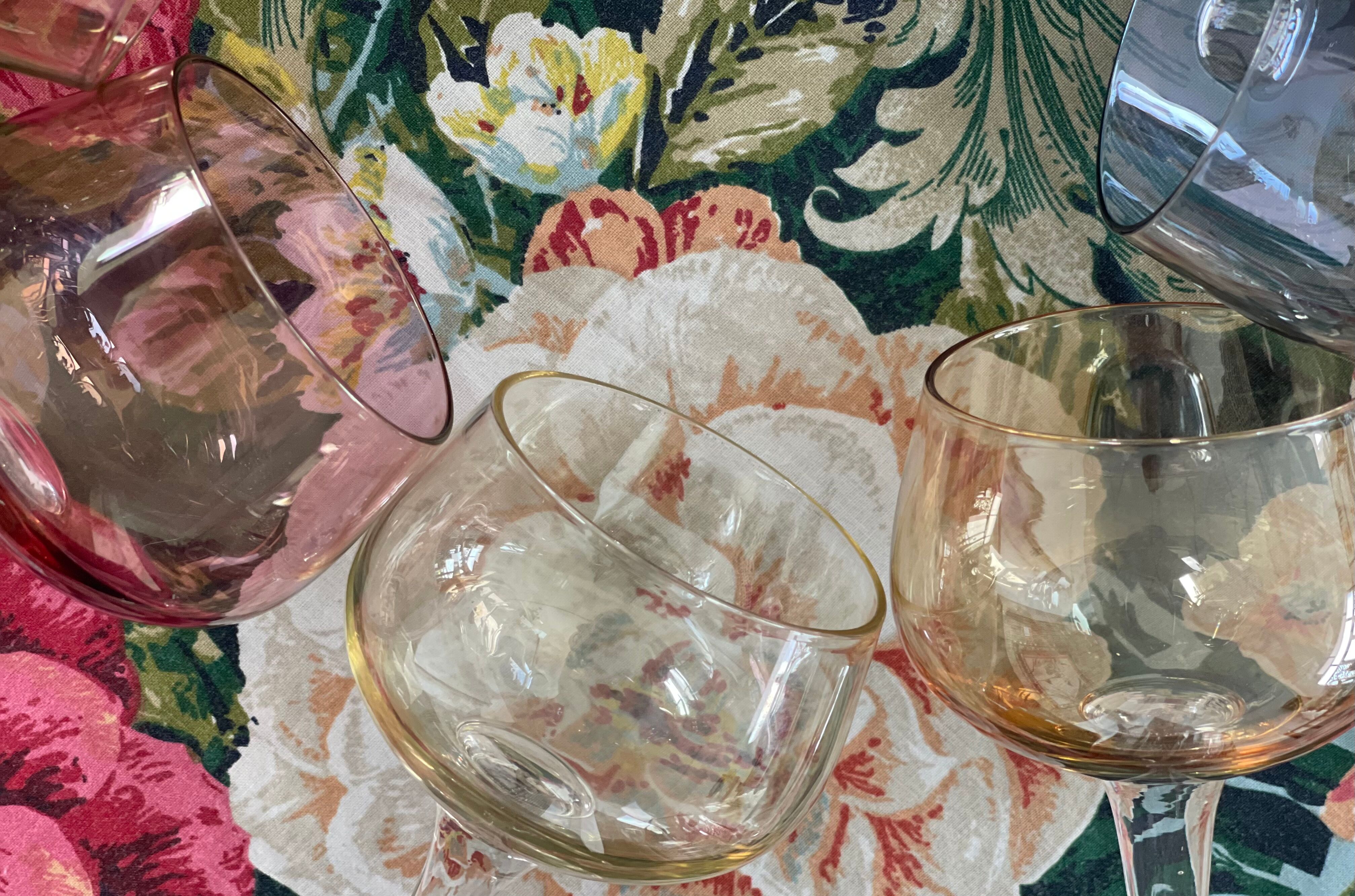 7 vintage iridescent foot glasses