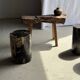 Black petrified wood side table with beige side H35 D24 - 3352