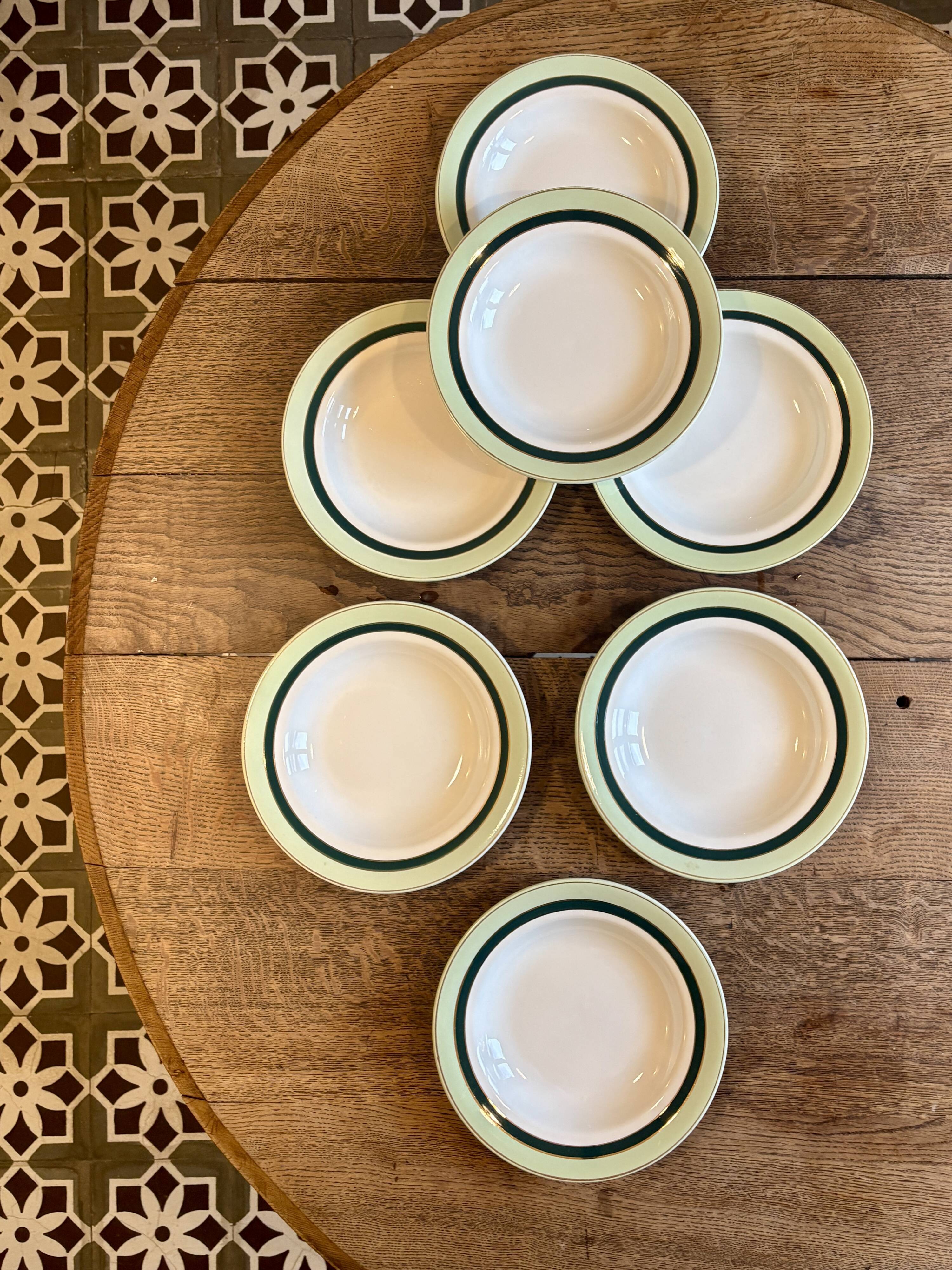 Set of 7 antique deep plates Salins - green Texas -