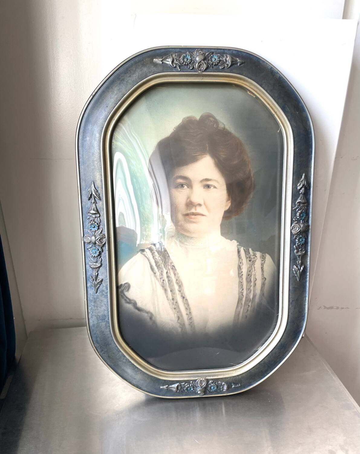 Giant antique  v silver & blue colored picture frame  hand painted black & white  antique photo portait of a lady   with convex   bubble glass   frame  53 cm x 35 cm