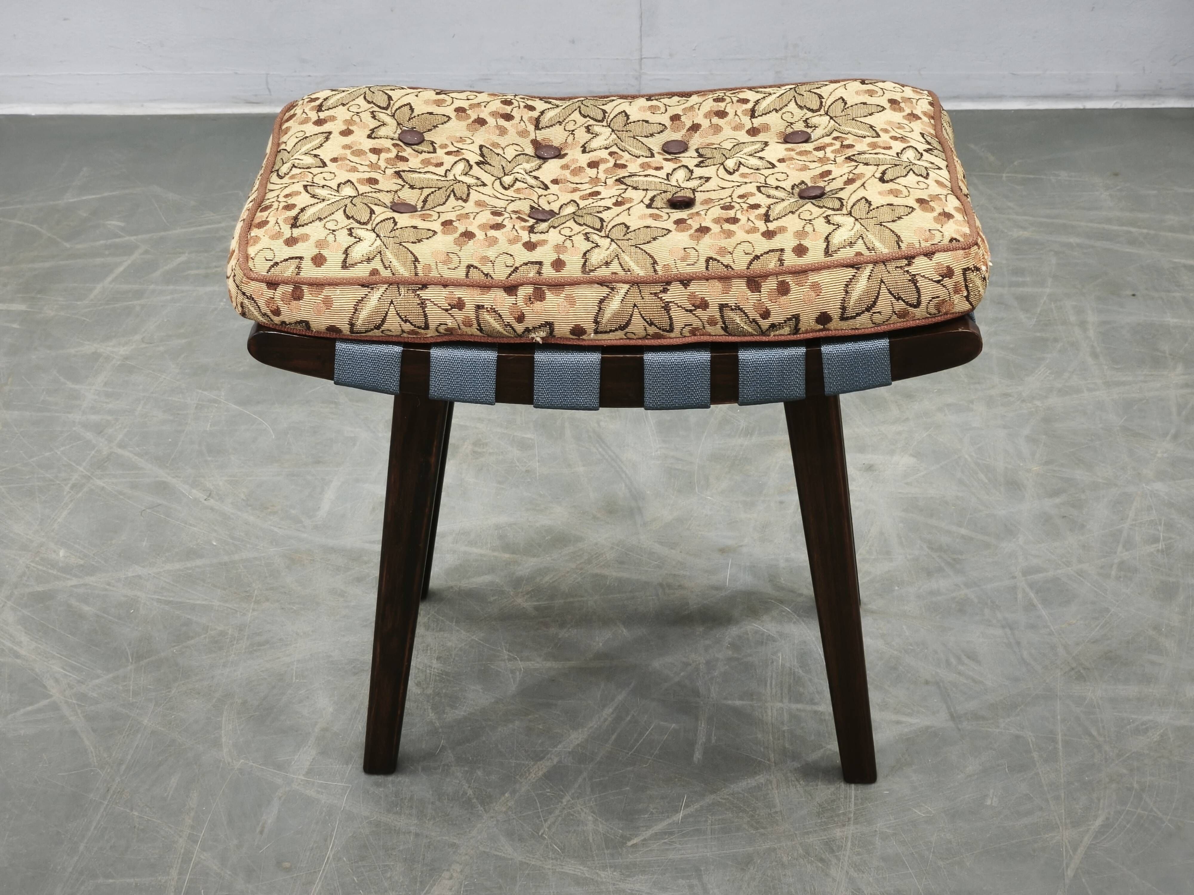 TON Mid-Century Beech Stool with Original Cushion, Czechoslovakia, circa 19