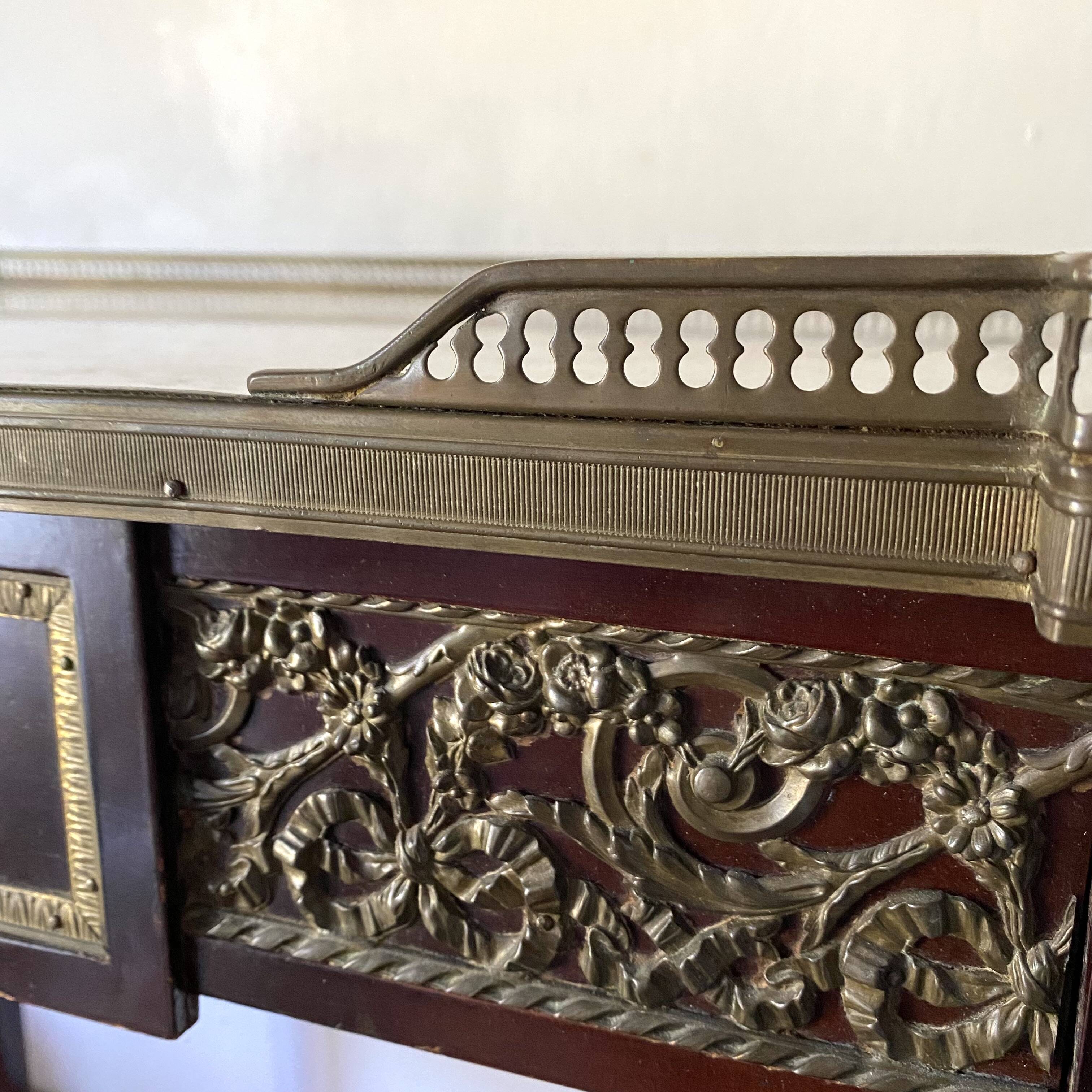 Living room table, Louis XVI style desk in wood, marble and brass