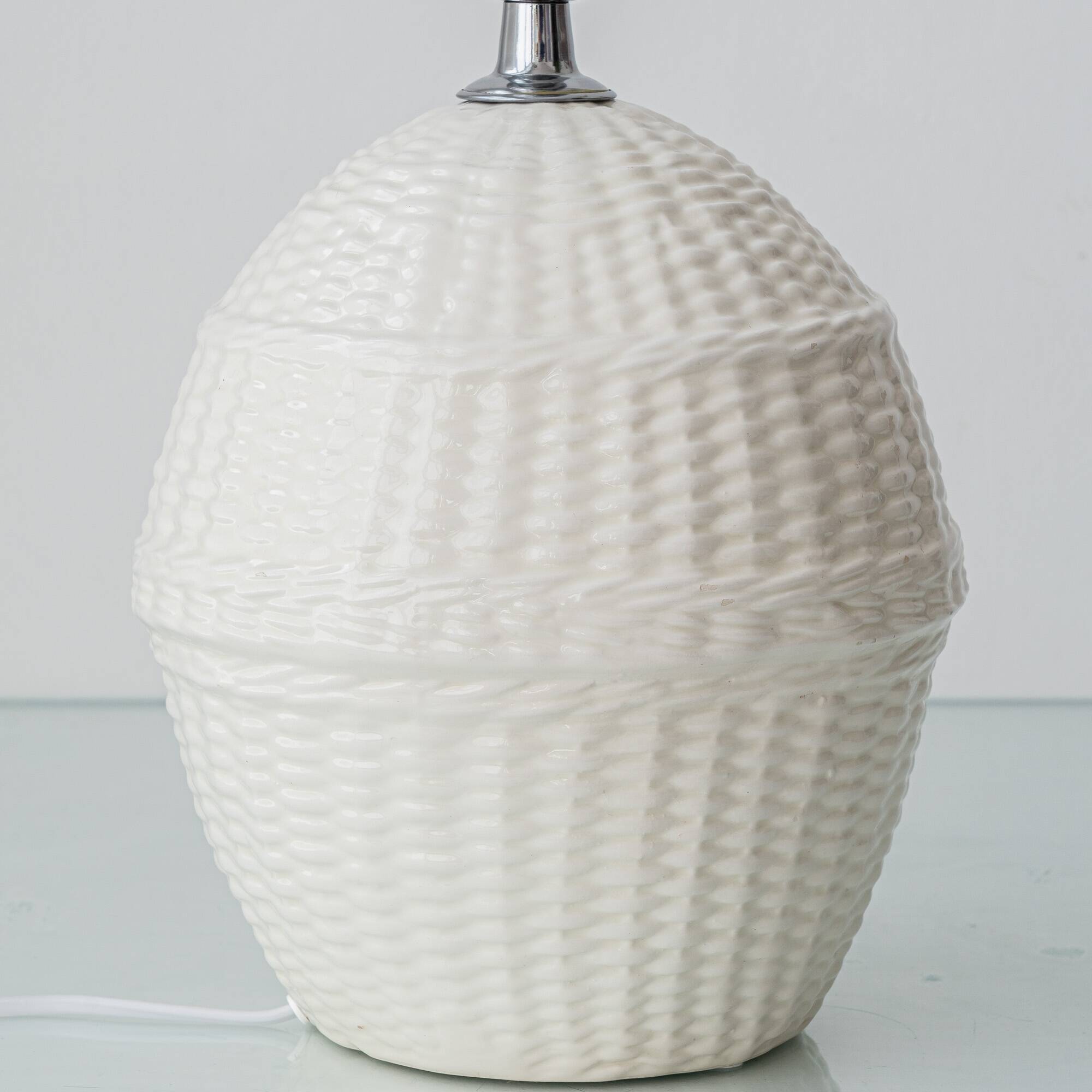 Pair of white ceramic table lamps with faux wicker texture, Spanish coastal design, 1970s