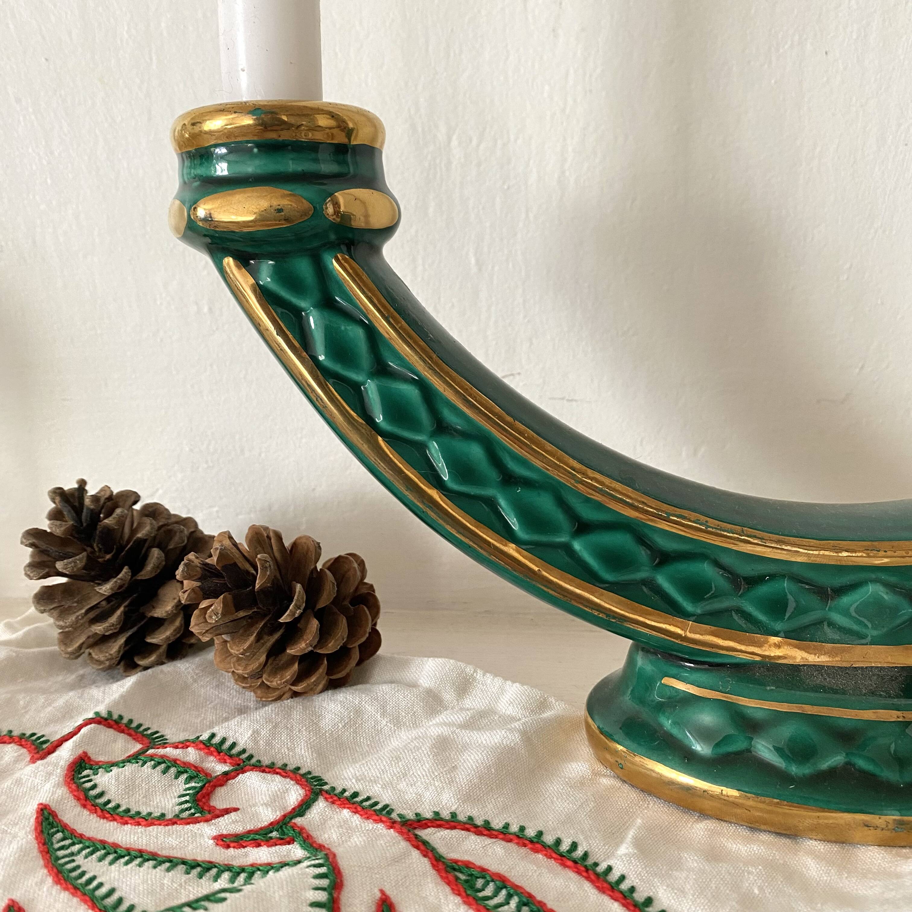 Bougeoir double art déco vert et or