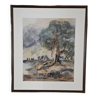 Framed watercolor of a Hérault landscape