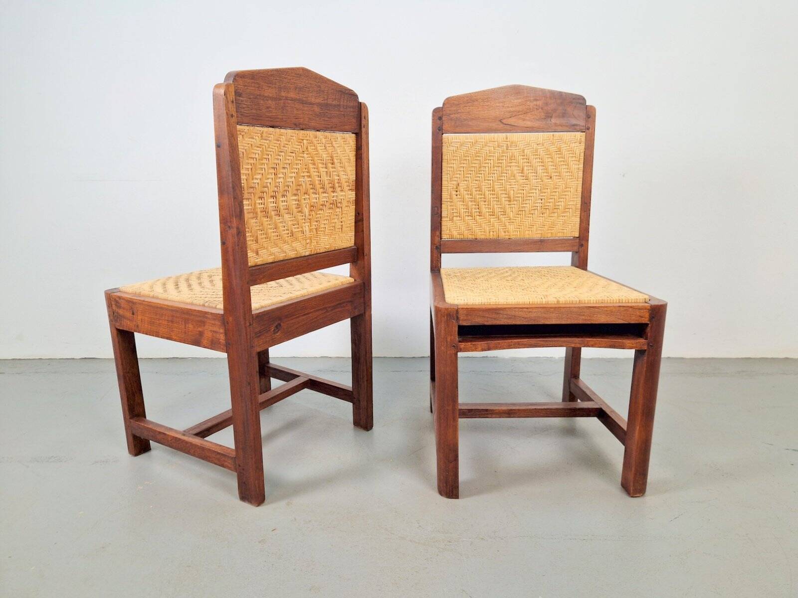 Dutch Art Deco Haagse School Oak and Rattan Webbing Chairs, 1930s, Set of 2
