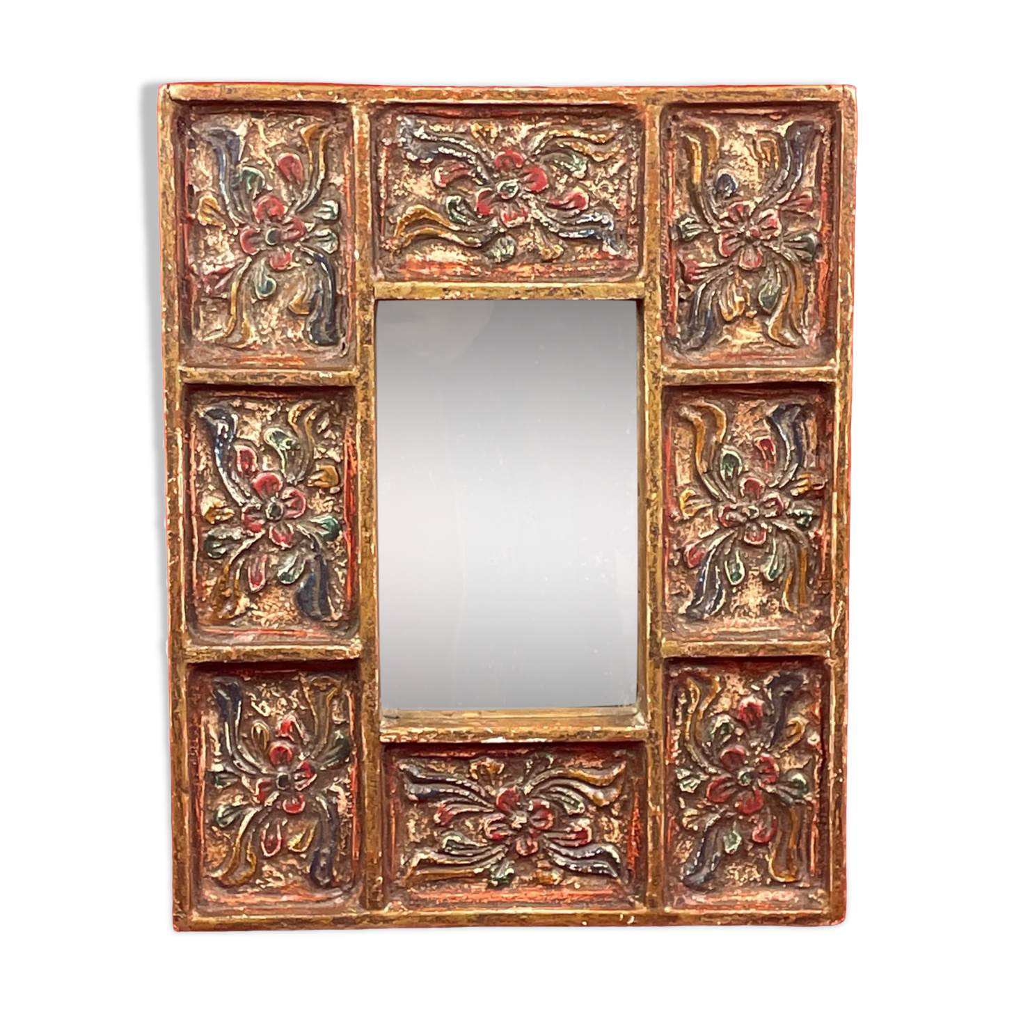 Vintage hand-painted mirror on carved wood, probably Peru, 20th century