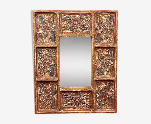 Miroir vintage peint à la main sur bois sculpté, probable Pérou, 20e siècle  | Selency