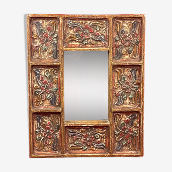 Miroir vintage peint à la main sur bois sculpté, probable Pérou, 20e siècle