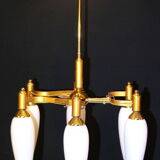 1960s brass chandelier with original glass opaline, by arlus