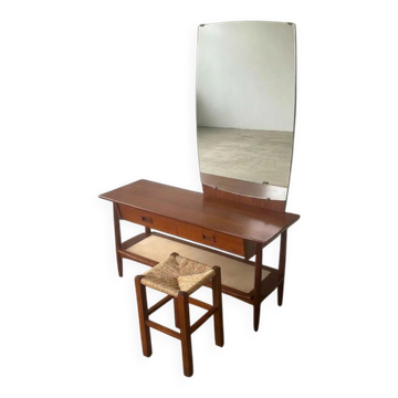 Coiffeuse vintage en teck avec miroir et tiroirs