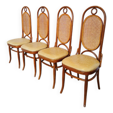 Set of 4 Vintage Bentwood Dining Chairs: Cane Back, Leather Seat, Thonet St