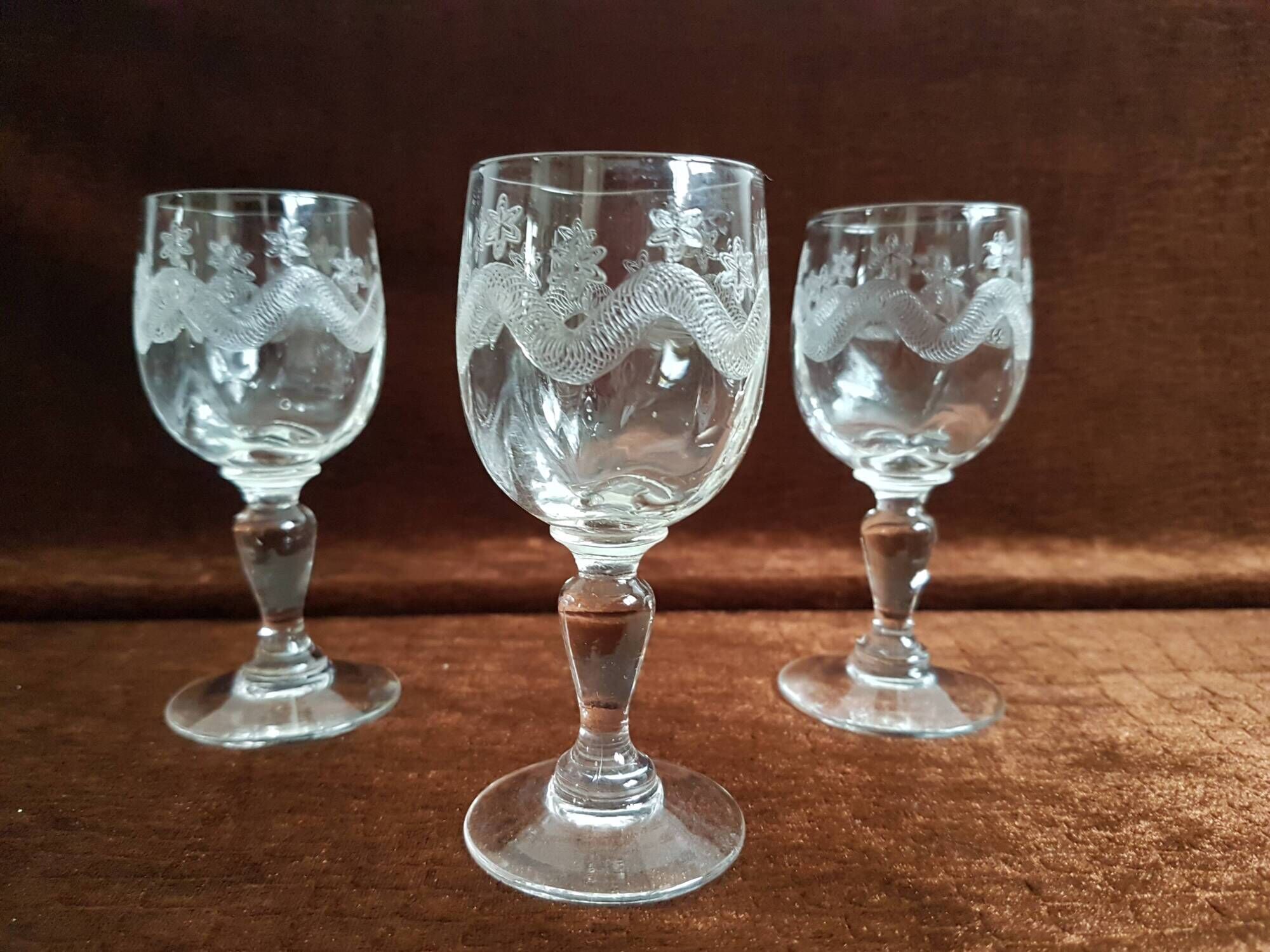 3 small crystal walking glasses fine decoration- very good condition