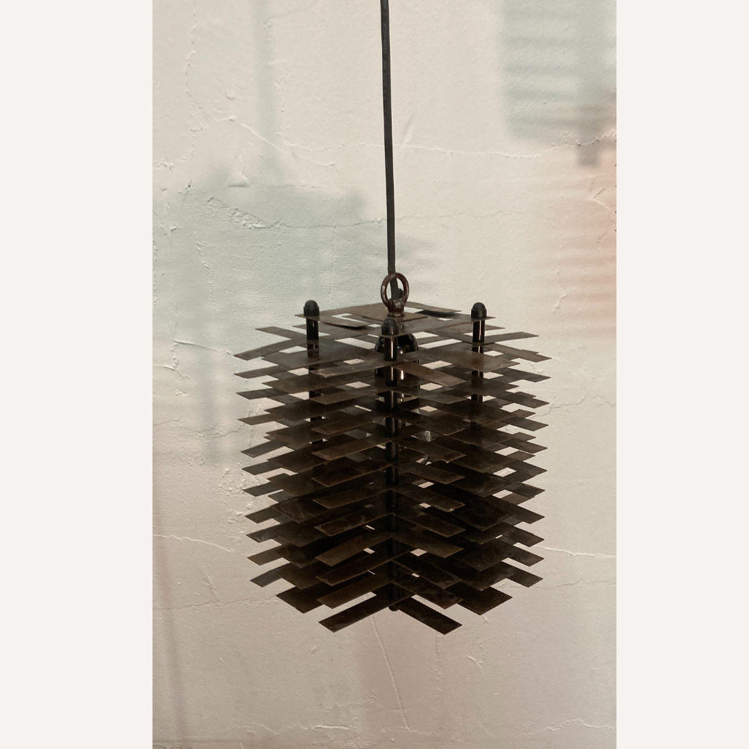 Pair modernist brutalist copper metal architectural hanging lamps, France