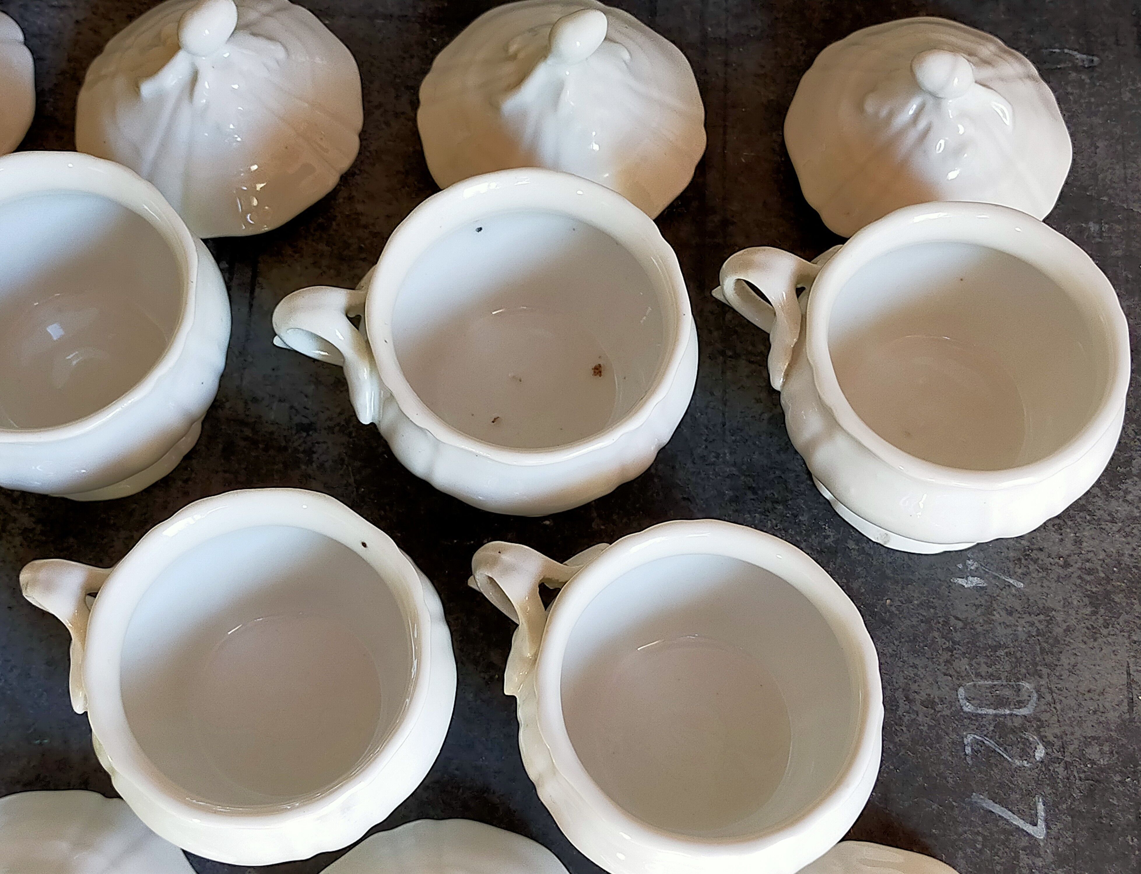 Set of seven covered pots and tray old white slurry nineteenth