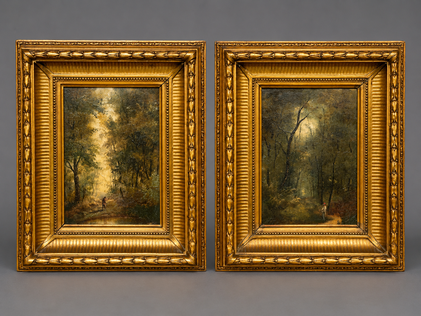 Paire de peintures "Paysage forestier" sur panneau de bois.
